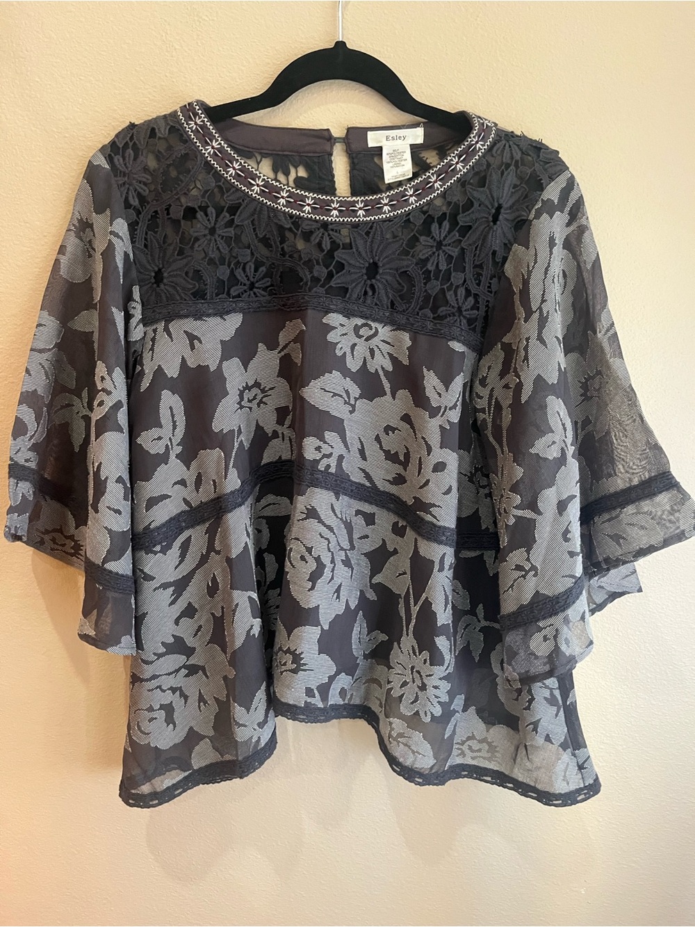 Esley Gray Floral Lace Yoke Blouse